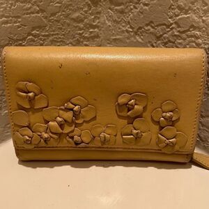 Valentino Garavani Long Wallet Beige Tan Leather Floral Applique Trifold